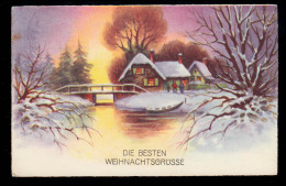 AK Weihnachten: Dorfidylle Sonnenuntergang Fluß Brücke, SSt PULSNITZ 24.12.1933 - Autres & Non Classés