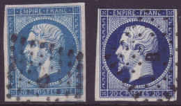 FRANCE 1853-1860 LOT Two Stamps 20c Bleu YT N°14 Oblitération 'D' Et 'B' - 1853-1860 Napoléon III