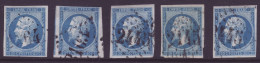 FRANCE 1853-1860 LOT Five Stamps 20c Bleu YT N°14 Oblitération Gros Chiffres - 1853-1860 Napoléon III