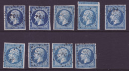 FRANCE 1853-1860 LOT Nine Stamps 20c Bleu YT N°14 Oblitération PC1° - 1853-1860 Napoleone III