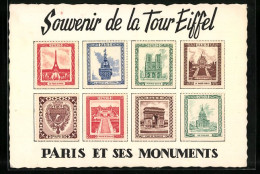 CPA Paris, Souvenir De La Tour Eiffel, Paris Et Ses Monuments, Briefmarken  - Sonstige & Ohne Zuordnung