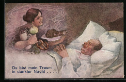 AK Du Bist Mein Traum In Dunker Nacht..., Schläfer Träumt Von Haxe Und Bier  - Humor