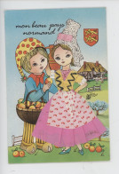 Normandie "Mon Beau Pays Normand" Couple Coiffe Panier Pommes Chaumière, Tissu Brodée Dentelle Folklore France Blason - Brodées