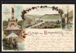 AK Bingerbrück, National-Denkmal A. D. Niederwald, Mäusethurm, Rheinstein, Ortsansicht  - Andere & Zonder Classificatie
