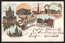 Lithographie Mainz, Theater, Neubrunnen U. Grosse Bleiche, Dom Nordwestseite, Grossh. Schloss, Mainzer Bierhallen  - Théâtre