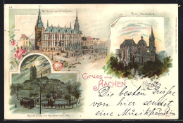Lithographie Aachen, Rathaus Mit Marktplatz, Nordseite Des Doms, Kaiserplatz Mit Adalbertskirche  - Aachen