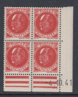 France N° 506 XX : Type Maréchal  Pétain : 30 C. Rouge  En Bloc De 4 Coin Daté Du 4 . 10. 41 ;  Sans Charnière, TB - 1940-1949