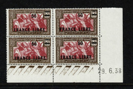 !! MADAGASCAR 1938 Surcharge France Libre 50 Sur 65c Typo   Bloc De 4 Coin Daté 29.6.38 ** Gomme Intacte SUPERBE 2 Scan - Nuovi