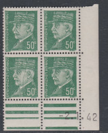 France N° 508 XX : Type Maréchal  Pétain : 50 C. Vert En Bloc De 4 Coin Daté Du 2 . 1. 42 ; Sans Charnière ; TB - 1940-1949