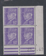 France N° 509 XX : Type Maréchal  Pétain : 60 C. Violet En Bloc De 4 Coin Daté Du 25 . 2 . 42 ;  Sans Charnière, TB - 1940-1949