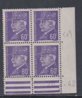 France N° 509 X : Type Maréchal  Pétain : 60 C. Violet En Bloc De 4 Coin Daté Du 20 . 2 . 42 ; Trace Charn., Sinon TB - 1940-1949