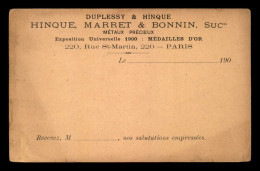 75 - PARIS 3EME - CARTE DE SERVICE DES DUPLESSY & HINQUE, METAUX PRECIEUX, 220 RUE ST-MARTIN - Arrondissement: 03