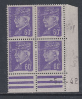 France N° 509 X : Type Maréchal  Pétain : 60 C. Violet En Bloc De 4 Coin Daté Du 5 . 3 . 42 ; Trace Charn., Sinon TB - 1940-1949