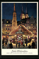 Künstler-AK Nürnberg, Christkindlmarkt Mit Honigstand Fa. Lebkuchen Schmidt U. Türmen Der Sebalduskirche Bei Dämme  - Andere & Zonder Classificatie