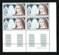 MONACO 1972  Saint Thérèse De Lisieux  Bloc De 4 Coin Daté 16.11.72  ** Gomme Intacte - Autres & Non Classés