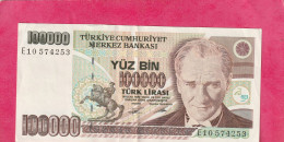 TÜRKIYE CUMHURIYET MERKEZ BANKASI . 100.000 LIRA  .  14 OCAK 1970 .  N°  E10 574253  .  2 SCANNES  .  BILLET EN BEL ETAT - Turkey