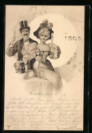 AK Anno 1893, Paar In Damaliger Mode Mit Sekt  - Fashion