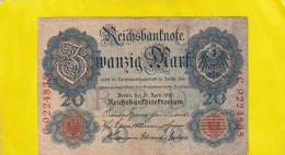 REICHSBANKNOTE  . 20 MARK . 21-4-1910   . N°  C.9224835 .  2 SCANNES  .  BILLET USITE - 20 Mark