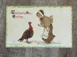 V161B - Carte Gaufrée - Frances Brundage - Thanksgiving Day Greetings - Jeune Femme Avec Dinde - Illustrateur - Thanksgiving