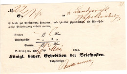 Bayern 1851, Postschein V. Öttingen M. Eingedruckter Scheingebühr 6 Kr. - Prephilately