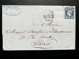 N°14 20c BLEU NAPOLEON SUR LETTRE / LE HAVRE POUR PARIS / 31 JANV 1855 / LSC - 1849-1876: Classic Period