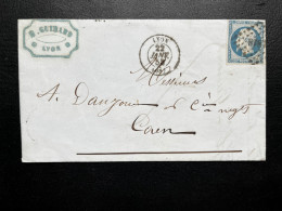 N°14 20c BLEU NAPOLEON SUR LETTRE / LYON POUR CAEN / 22 JANV 1855 / LAC - 1849-1876: Klassik