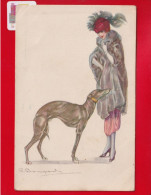 CPA Femme Women Lady Girl Mode Chien Dog Lévrier Whippet Illustrateur S. BOMPARD  ART DECO Redon 1924 - Bompard, S.