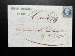 N°14 20c BLEU NAPOLEON SUR LETTRE / NANCY POUR CAEN / 16 JANV 1855 / LAC - 1849-1876: Classic Period