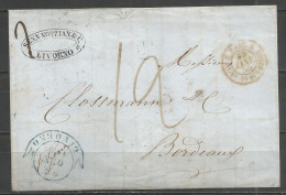 France - LYON - Cachet D'entrée Type 15 Rouge "TOSC. 2 Pt DE BEAUVOISIN" Sur LAC De LIVOURNE Vers BORDEAUX Du 26/1/56 - 1853-1860 Napoléon III