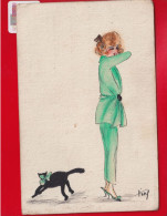 Jolie CPA Femme Chat Peinte à La Main  Dessin Original Carte Lavis Canson  Circa 1020 Style ART DECO Dadu Sauzé Vaussais - Autres & Non Classés