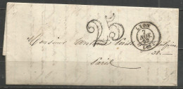 France - LYON - Càd Type 15 Sur LAC Non Affranchie De LYON Vers PARIS Du 7/10/52 + Cachet-taxe 25cts - 1849-1850 Ceres