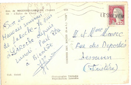 SUR CPSM PF MIGENNES LAROCHE YONNE VERS FINISTERE GRIFFE LINEAIRE POSTALE LESNEVEN SUR TIMBRE MARIANNE DE DECARIS - Matasellos Manuales