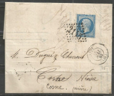 France - LYON - Càd Type 15 Du 18/8/63 + LP GC 2145 Sur Lettre Vers COSNE (Nièvre) Timbre N°22 - 1853-1860 Napoleon III