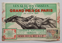 BILLET DE LOTERIE NATIONALE - FRANCE - LES GUEULES CASSEES - GRAND PRIX DE PARIS - 1951 - CHEVAL - HIPPISME - Biglietti Della Lotteria