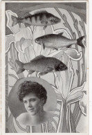 CPA  FANTAISIE  Poissons D'Avril Avec Portrait De Femme - En Fond Iris Stylisé - 1 April (aprilvis)