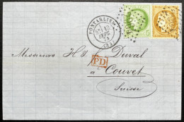 N°59 15c BISTRE & N°53 5c VERT CERES  SUR LETTRE / PONTARLIER DOUBS POUR COUVET SUISSE / 13 SEPT 1874 / LAC - 1849-1876: Période Classique