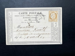 N°55 15c BISTRE CERES SUR CARTE POSTALE / ST ANDRE DE SANGONIS HERAULT POUR CARCASSONNE / 2 AOUT 1875 / LAC - 1849-1876: Periodo Classico