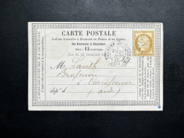 N°55 15c BISTRE CERES SUR CARTE POSTALE / ST ANDRE DE SANGONIS HERAULT POUR CARCASSONNE / 27 JUIN 1875 / LAC - 1849-1876: Période Classique