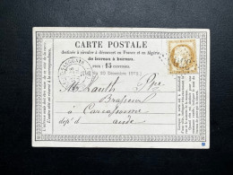 N°55 15c BISTRE CERES SUR CARTE POSTALE / ST ANDRE DE SANGONIS HERAULT POUR CARCASSONNE / 23 JUIL 1875 / LAC - 1849-1876: Periodo Clásico