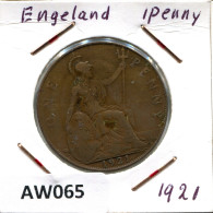 PENNY 1921 UK GREAT BRITAIN Coin #AW065.U.A - D. 1 Penny