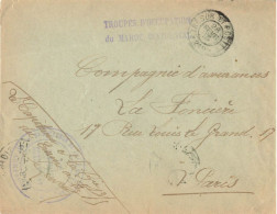 LETTRE FM TRESOR ET POSTES 28/2/1913 GRIFFE TROUPES D'OCCUPATION DU MAROC OCCIDENTAL + CACHET 5e ESCADRON DU TRAIN A FEZ - Brieven En Documenten