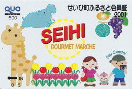 Japan Prepaid Quo Card 500 - Seishi Gourmet Marche Drawing Hippo Giraffe Flowers Family Fruits - Japon