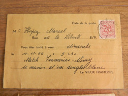 FRAMERIES: CARTE DE CONVOCATION DU VIEUX FRAMERIES  POUR LE MATCH FRAMERIES-NIMY  POUR HUPEZ MARCEL EN 1956 - Frameries