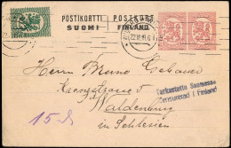 Finland Viipuri Uprated 2x10P Postal Stationery Card Mailed To Germany 1919 2-line Censor - Storia Postale