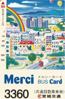 Japan Prepaid Bus Card 3360 - Skyline Drawing Rainbow Hot Air Ballon - Japan