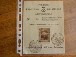 CONGO BELGE-LEOPOLDVILLE: PETIT FEUILLET DE LA 1ERE EXPOSITION PHILATELIQUE EN 1937 AVEC LE TIMBRE N° 194 + OBLITERATION - Briefe U. Dokumente