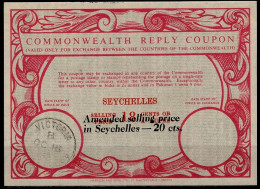 SEYCHELLES  Co9 AMENDED SELLING PRICE 20 CTS. / 18 CENTS Commonwealth Reply Coupon Reponse Antwortschein IRC IAS O VICTO - Seychellen (1976-...)