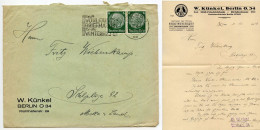 Germany 1936 Cover & Letter; Berlin - W. Künkel, Rauchwaren To Schiplage; 6pf. Hindenburg, Pair; Slogan Cancel - Lettres & Documents