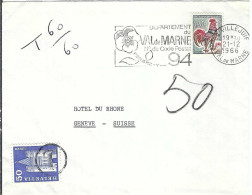 FRANCE Ca.1966: LSC De Villejuif (Seine) à Genève (Suisse) Taxée 50c - Storia Postale