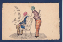 CPA Carte Faite à La Main Avec Des Timbres Découpés Non Circulée Montage Dessin Original Coiffeur - Timbres (représentations)